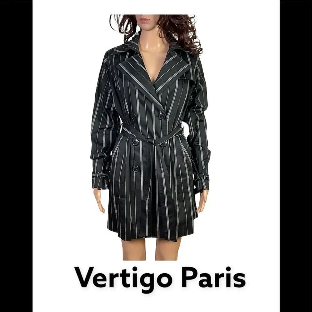 Vertigo Paris Black Pinstripe Belted Double Breasted Trench Coat Jacket XL